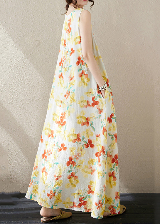 Loose Yellow Print Pockets Cotton Long Dress Sleeveless