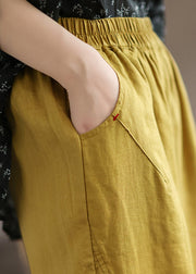 Loose Yellow Ruffled Pockets High Waist Linen Crop Pants Summer