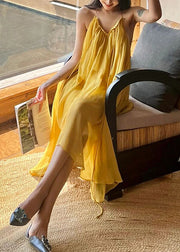 Loose Yellow Slash Neck Solid Chiffon Long Sliop Dresses Summer