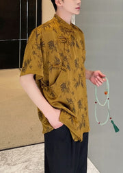 Loose Yellow Stand Collar Button Print Silk Shirts Summer