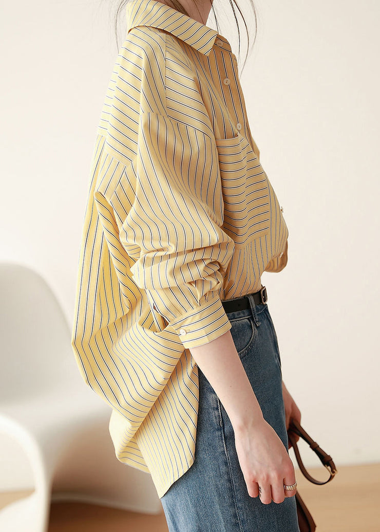 Loose Yellow Striped Button Patchwork Cotton Blouses Fall