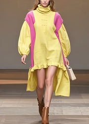 Loose Yellow Turtleneck Low High Design Cotton Dress Fall