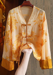 Loose Orange flower V Neck Embroidered Button Silk Shirts Spring