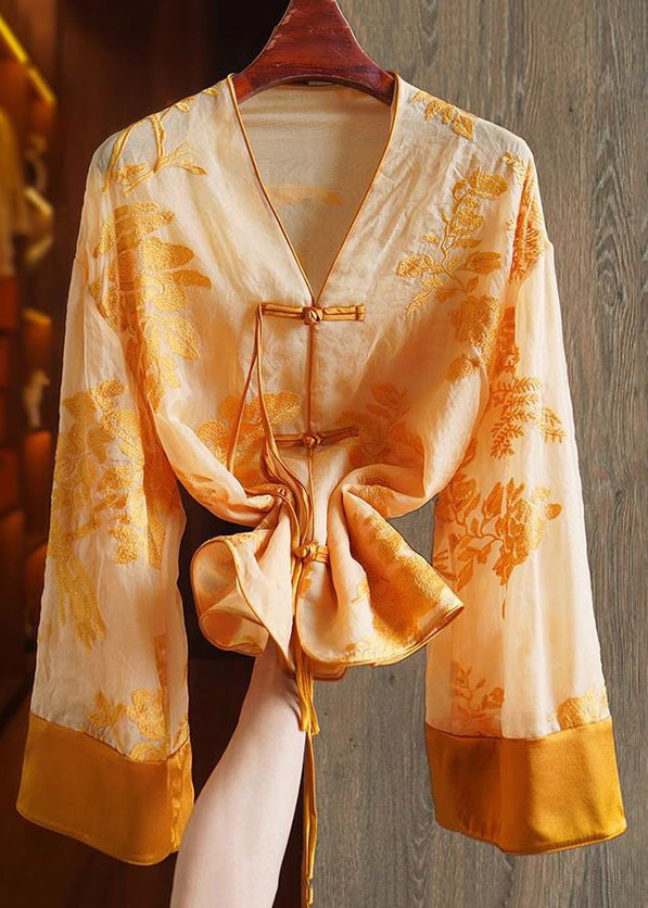 Loose Orange flower V Neck Embroidered Button Silk Shirts Spring