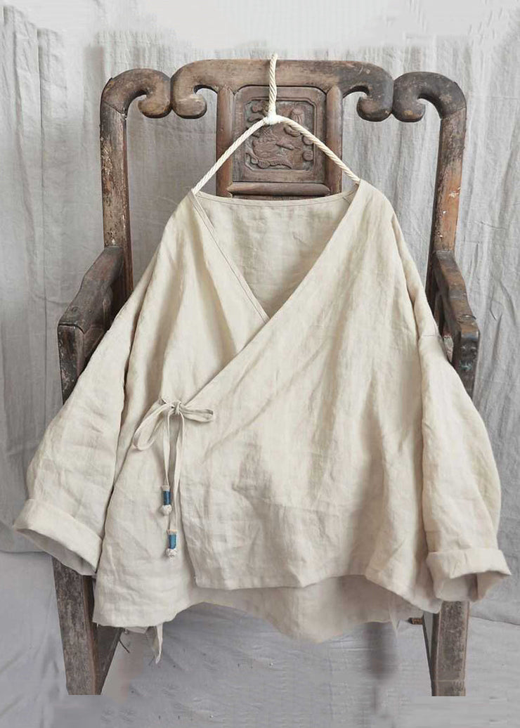 Loose Yellow V Neck Lace Up Solid Linen Shirts Long Sleeve