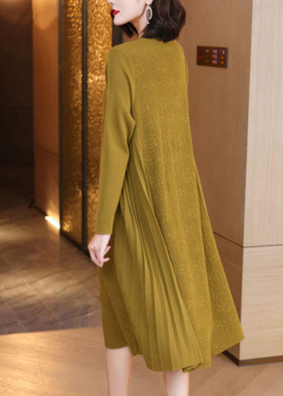 Loose Yellow V Neck Patchwork Wrinkled Jacquard Knit Maxi Dresses Spring