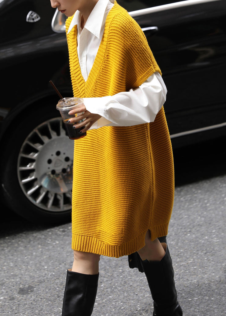 Loose Yellow V Neck Side Open Knit Waistcoat Dress Fall