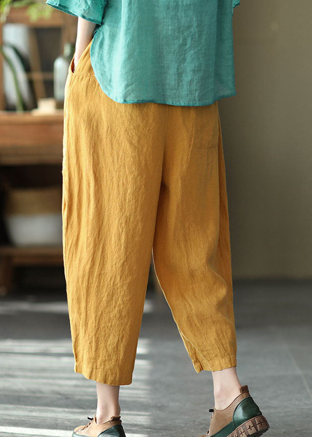 Loose Yellow Wrinkled Patchwork Drawstring Linen Pants Summer