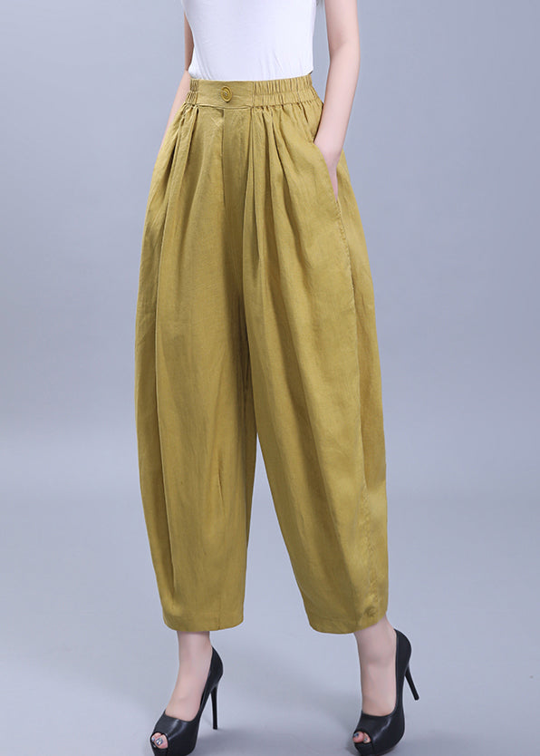 Loose Yellow Wrinkled Pockets Patchwork Linen Crop Pants Summer