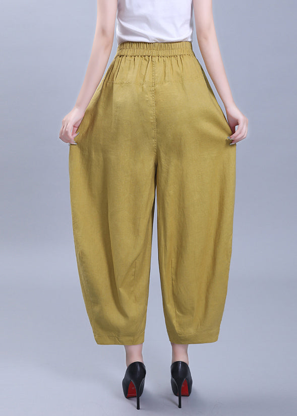 Loose Yellow Wrinkled Pockets Patchwork Linen Crop Pants Summer