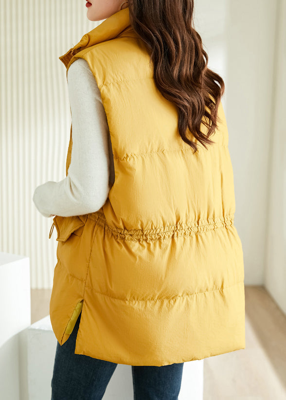 Loose Yellow Zip Up Drawstring Cotton Filled Waistcoat Sleeveless