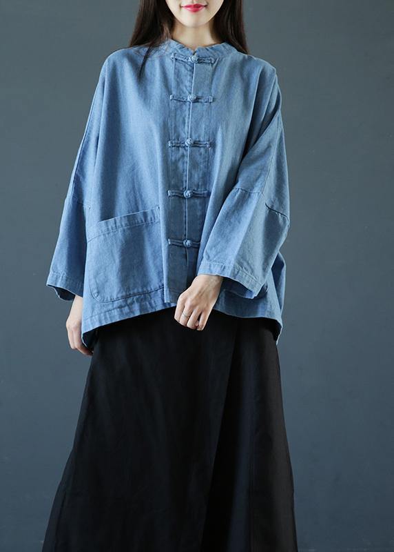 Loose stand collar Chinese Button clothes For Women Sleeve denim light blue shirts - SooLinen