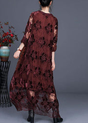 Loose Chocolate Long Lace Dress O Neck Maxi Dress