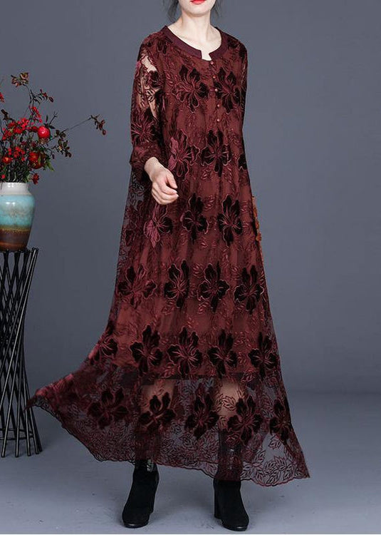 Loose Chocolate Long Lace Dress O Neck Maxi Dress