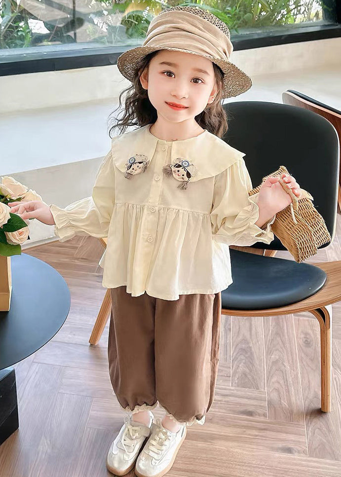 Lovely Apricot Shirts And Coffee Crop Pants Cotton Girls Two Pieces Set Flare Sleeve