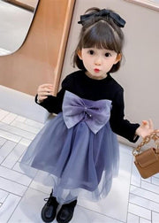 Lovely Black O Neck Tulle Bow Patchwork Warm Fleece Kids Girls Dresses Fall