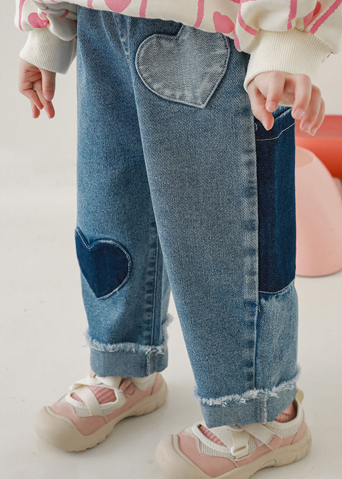 Lovely Blue Pockets Elastic Waist Denim Girls Pants Fall