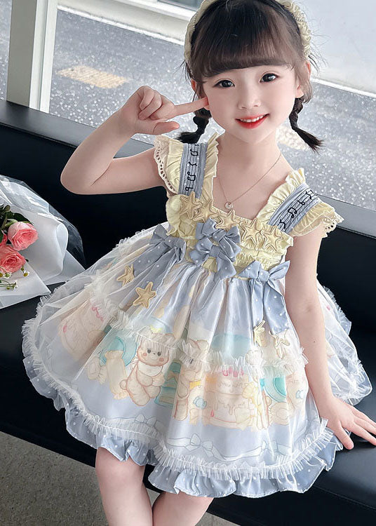 Lovely Blue Ruffled Print Bow Patchwork Chiffon Baby Girls Dresses Summer