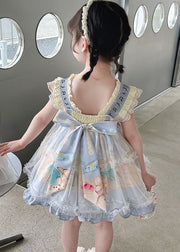 Lovely Blue Ruffled Print Bow Patchwork Chiffon Baby Girls Dresses Summer