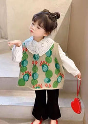 Lovely Green Peter Pan Collar Print Knit Kids Girls Three Piece Set Fall