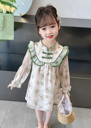 Lovely Green Ruffled Print Cotton Girls Dress Long Sleeve