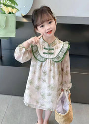 Lovely Green Ruffled Print Cotton Girls Dress Long Sleeve