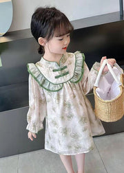 Lovely Green Ruffled Print Cotton Girls Dress Long Sleeve