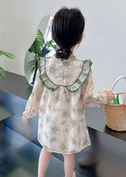 Lovely Green Ruffled Print Cotton Girls Dress Long Sleeve