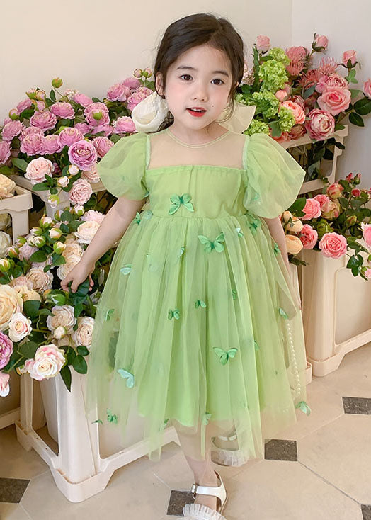 Lovely Green Wrinkled Butterfly Patchwork Tulle Baby Girls Dresses Summer