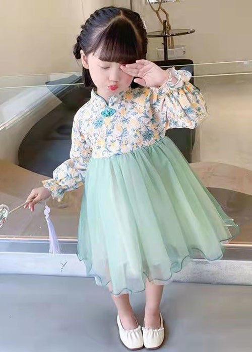 Lovely Light Green Stand Collar Tulle Patchwork Girls Dress Long Sleeve