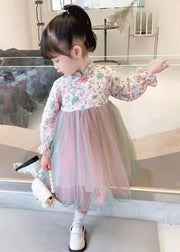 Lovely Light Green Stand Collar Tulle Patchwork Girls Dress Long Sleeve