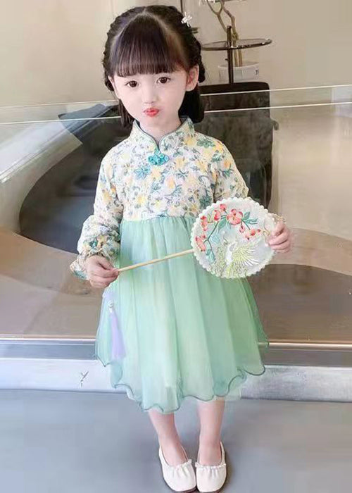 Lovely Light Green Stand Collar Tulle Patchwork Girls Dress Long Sleeve