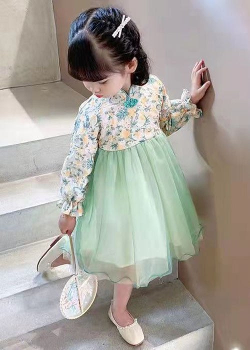 Lovely Light Green Stand Collar Tulle Patchwork Girls Dress Long Sleeve