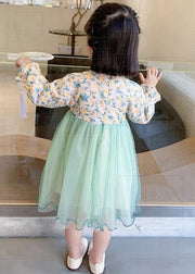 Lovely Light Green Stand Collar Tulle Patchwork Girls Dress Long Sleeve