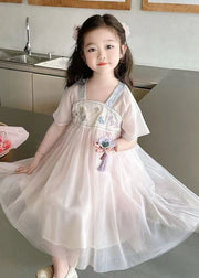 Lovely Light Pink Square Collar Embroideried Patchwork Tulle Kids Long Dresses Summer