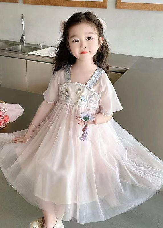 Lovely Light Pink Square Collar Embroideried Patchwork Tulle Kids Long Dresses Summer