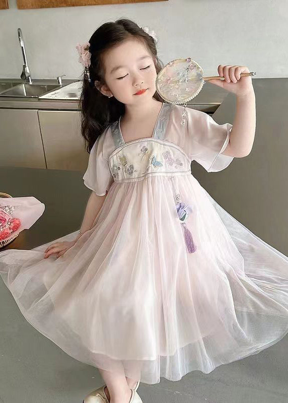 Lovely Light Pink Square Collar Embroideried Patchwork Tulle Kids Long Dresses Summer