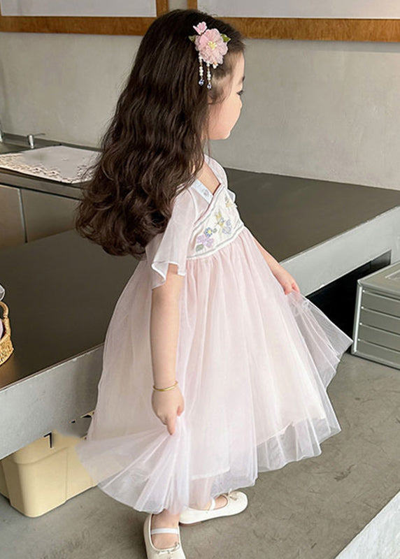 Lovely Light Pink Square Collar Embroideried Patchwork Tulle Kids Long Dresses Summer