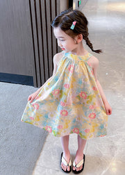 Lovely O-Neck Print Cotton Girls Slip Mid Dress Sleeveless