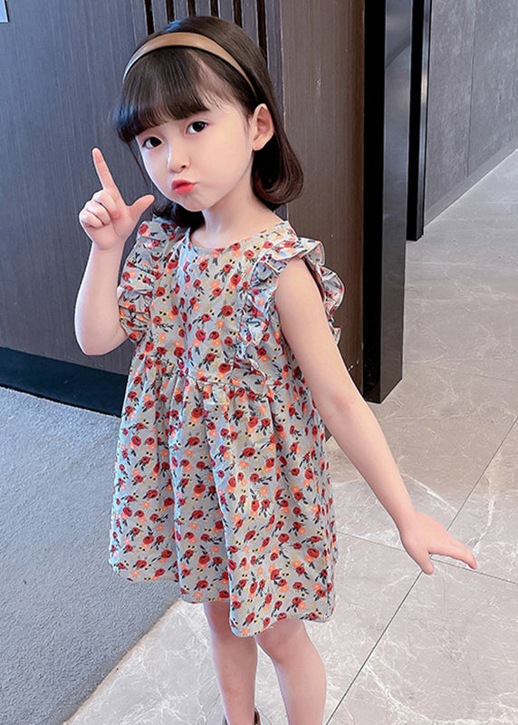 Lovely O-Neck Ruffled Print Kids Maxi Dress Summer