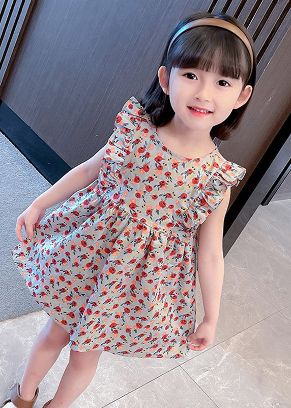 Lovely O-Neck Ruffled Print Kids Maxi Dress Summer