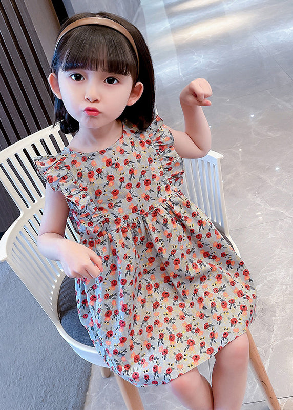 Lovely O-Neck Ruffled Print Kids Maxi Dress Summer