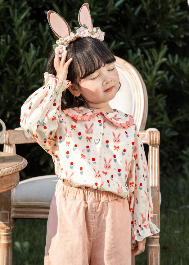 Lovely Pink Button Print Cotton Girls Blouses Long Sleeve