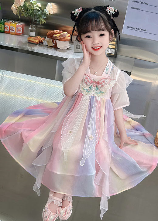 Lovely Pink Embroideried Butterfly Patchwork Chiffon Kids Girls Dresses Summer