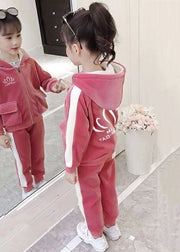 Lovely Pink Hooded Zippered Pockets Warm Fleece Girls Two Pieces Set Winter