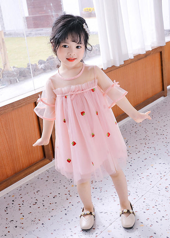 Lovely Pink O-Neck Patchwork Strawberry Tulle Kids Girls Mid Dress Short Sleeve