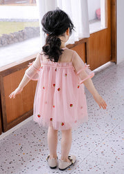 Lovely Pink O-Neck Patchwork Strawberry Tulle Kids Girls Mid Dress Short Sleeve