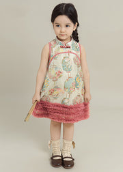 Lovely Pink Print Tulle Patchwork Girls Mid Dress Summer