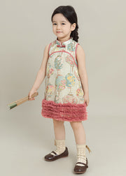 Lovely Pink Print Tulle Patchwork Girls Mid Dress Summer