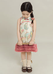 Lovely Pink Print Tulle Patchwork Girls Mid Dress Summer